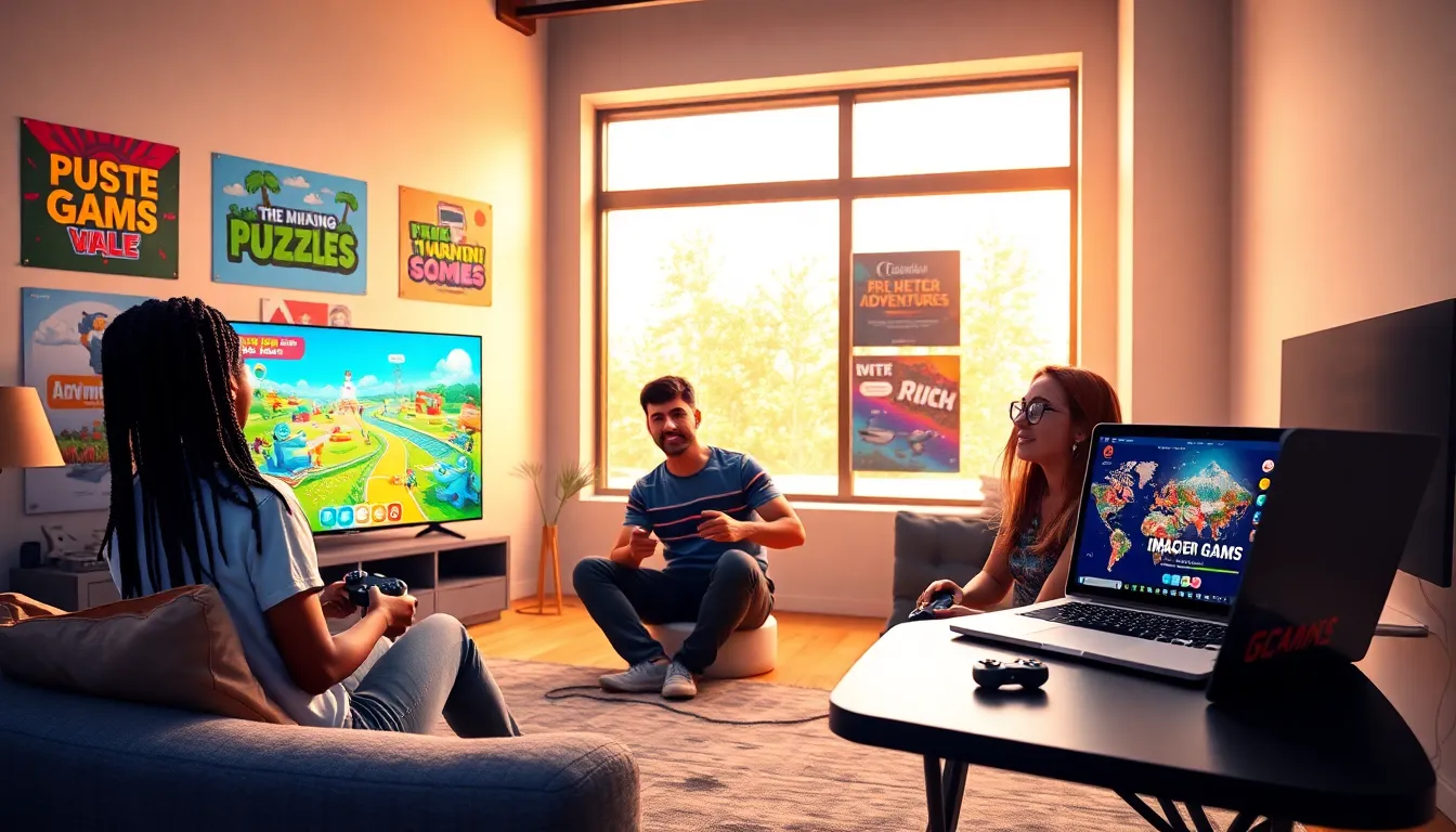 Three friends enjoying games in a cozy, colorful room.