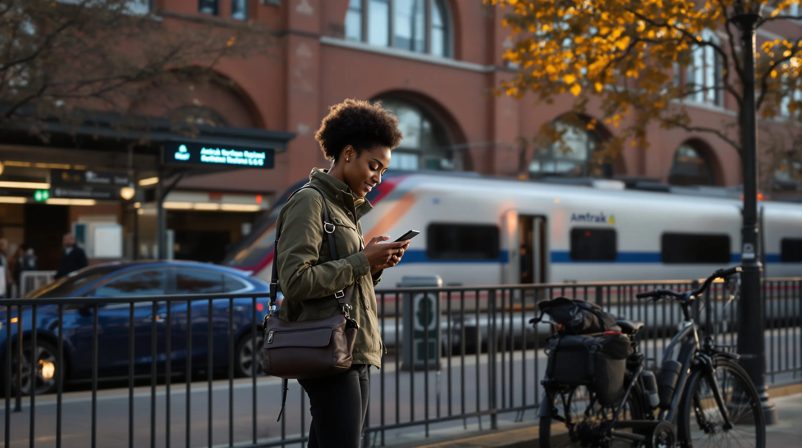 Traveler boarding an Amtrak in fall, planning a low-carbon, shoulder-season trip.