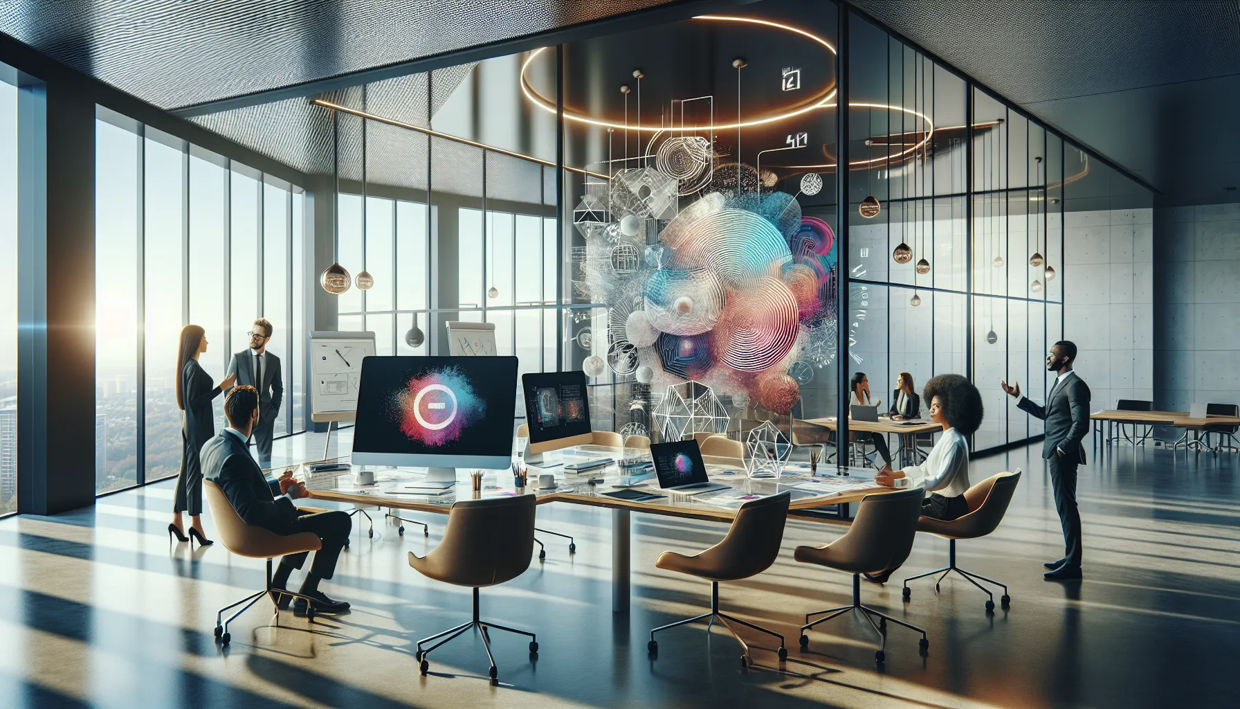 diverse team discussing creativity in a modern office.