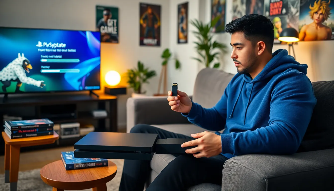 a young man updating his PS4 using a USB drive in a cozy living room.
