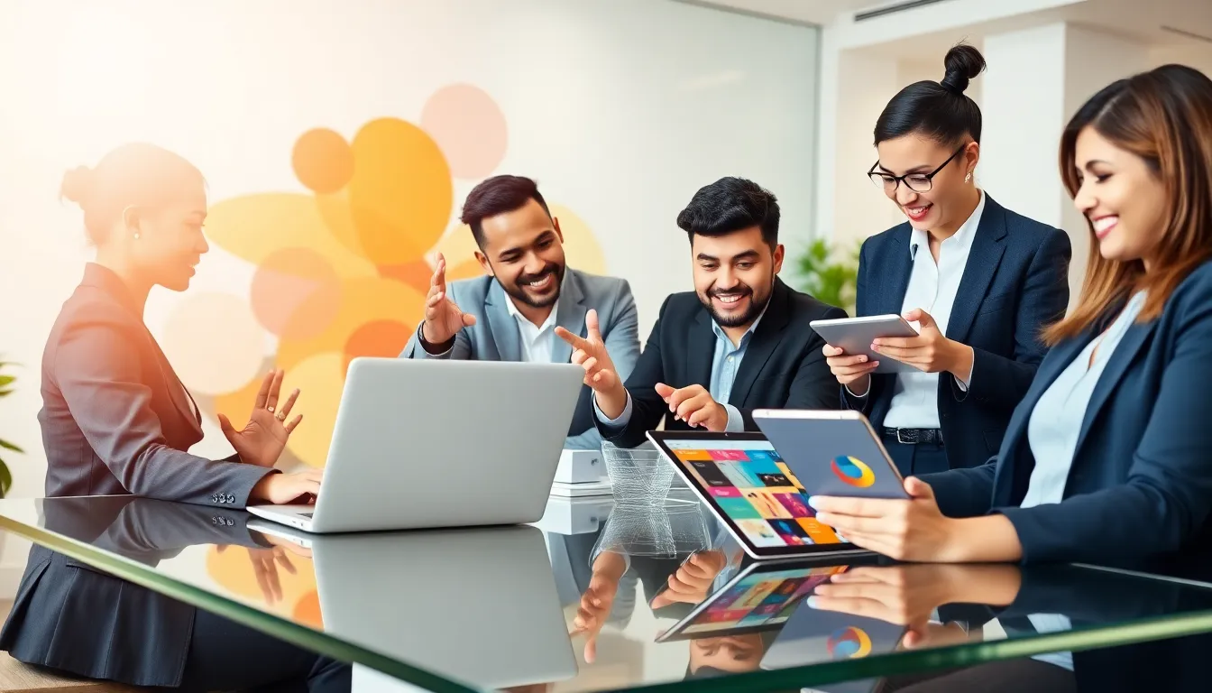 diverse professionals collaborating in a modern digital workspace.