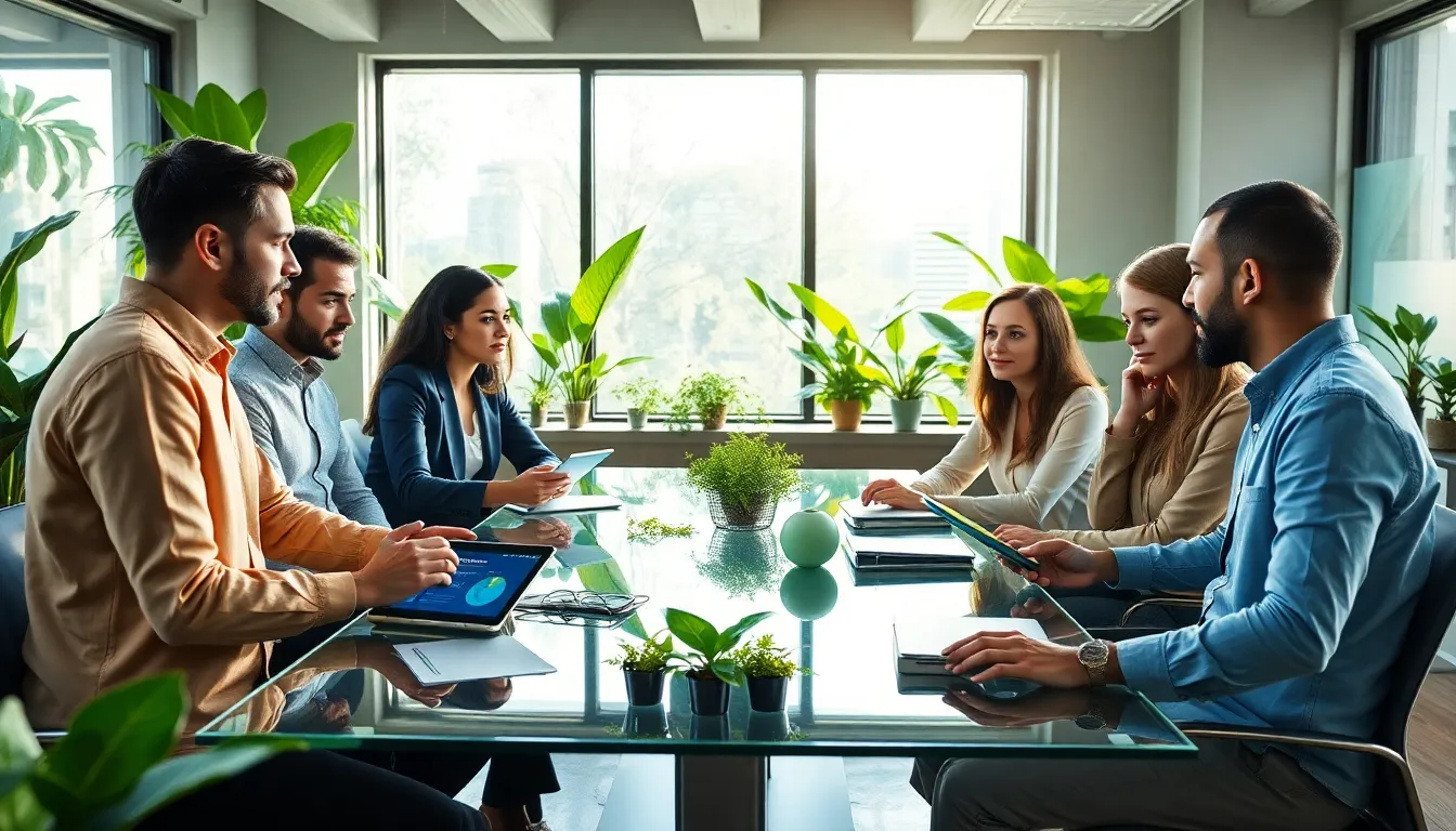 diverse team discussing sustainability solutions in a modern office.