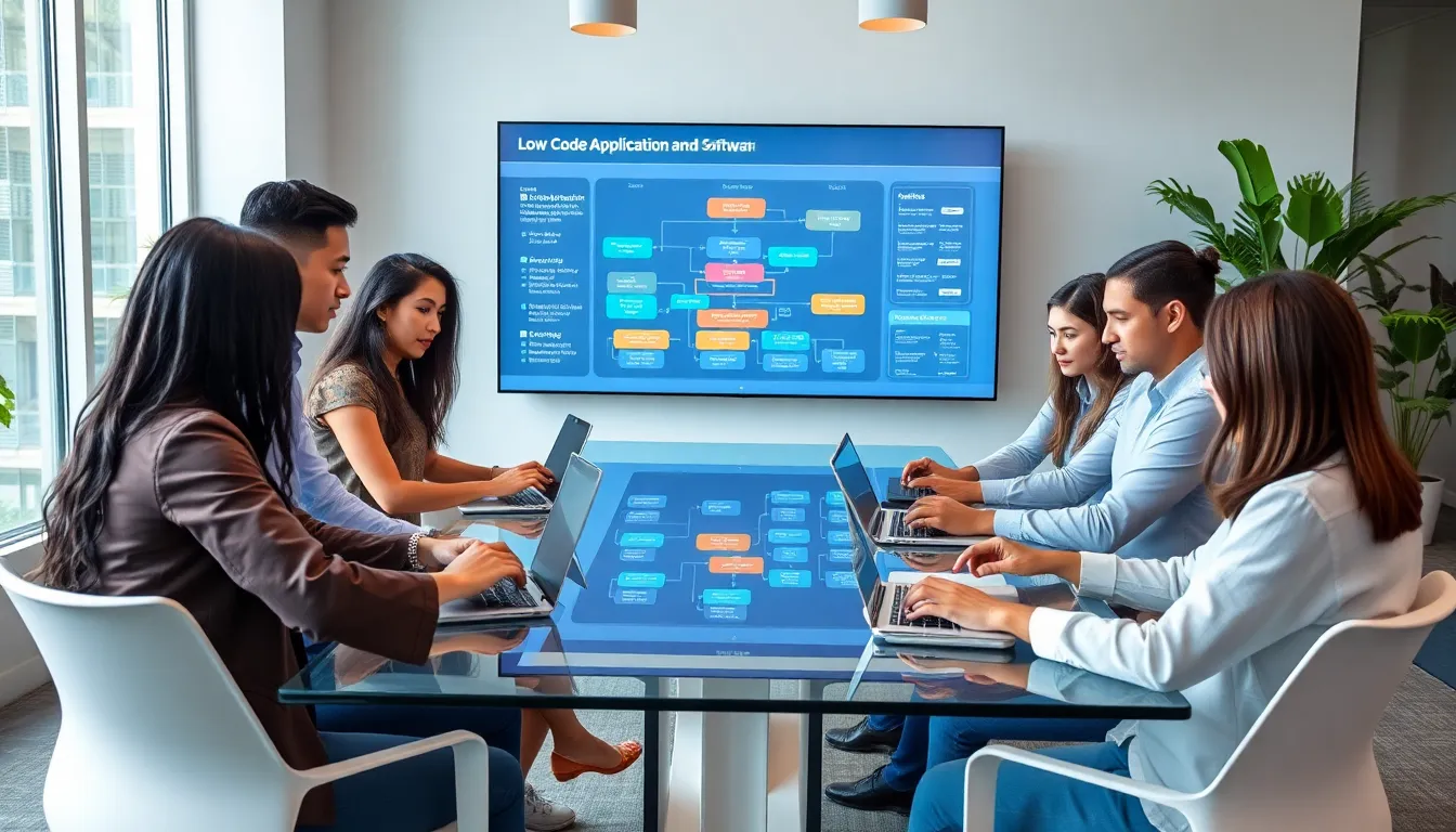 diverse team collaborating on low code workflow in a modern office.