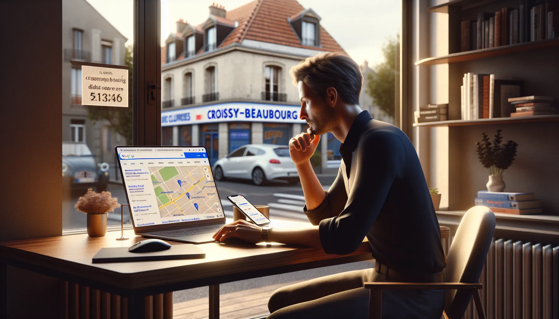 Local business owner in Croissy-Beaubourg checking Google search and Maps visibility.