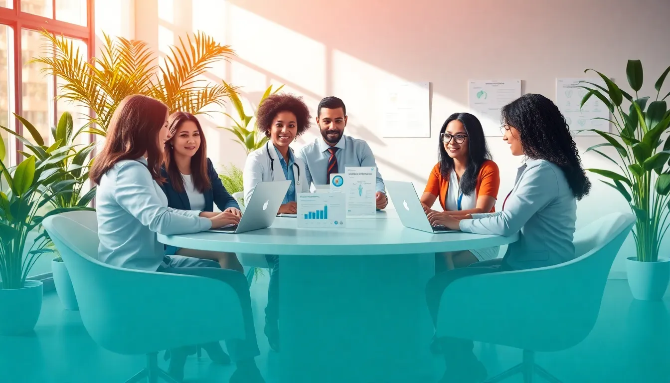 diverse professionals discussing health and wellness in a modern office.