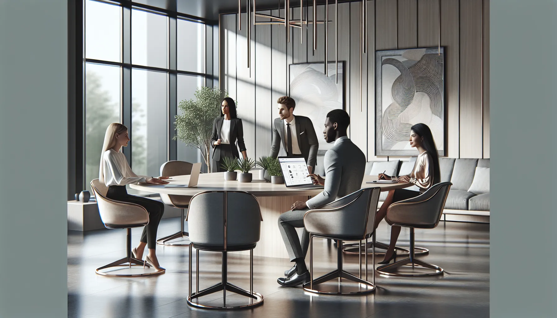 professionals discussing online identity in a modern office.