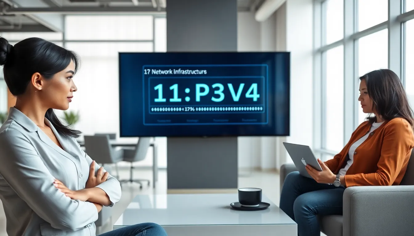 diverse team discussing IP addresses in a modern office setting.