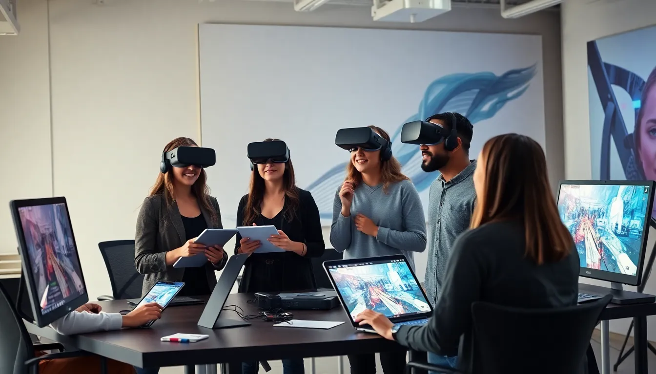 diverse team brainstorming in a modern virtual reality studio.
