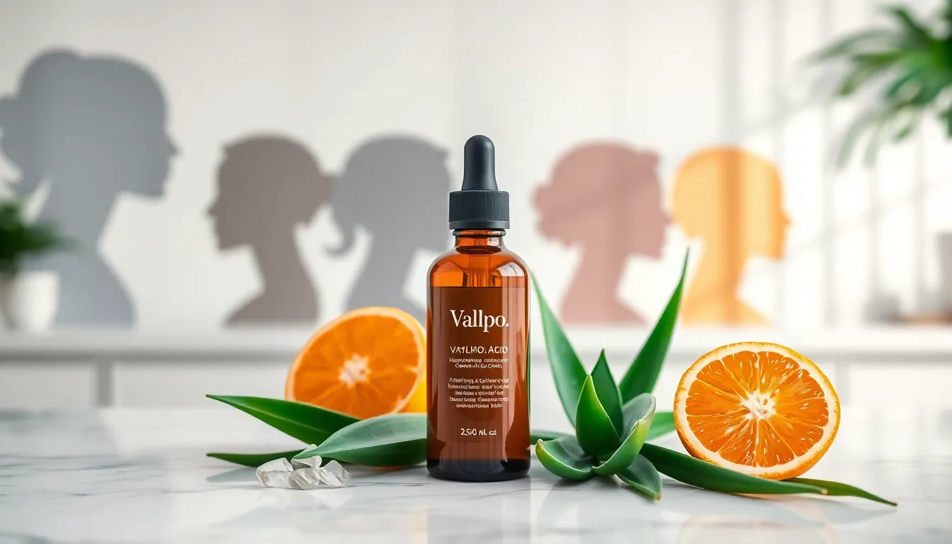 Vallpo523.zvc5.0o skincare product with natural ingredients on a marble countertop.