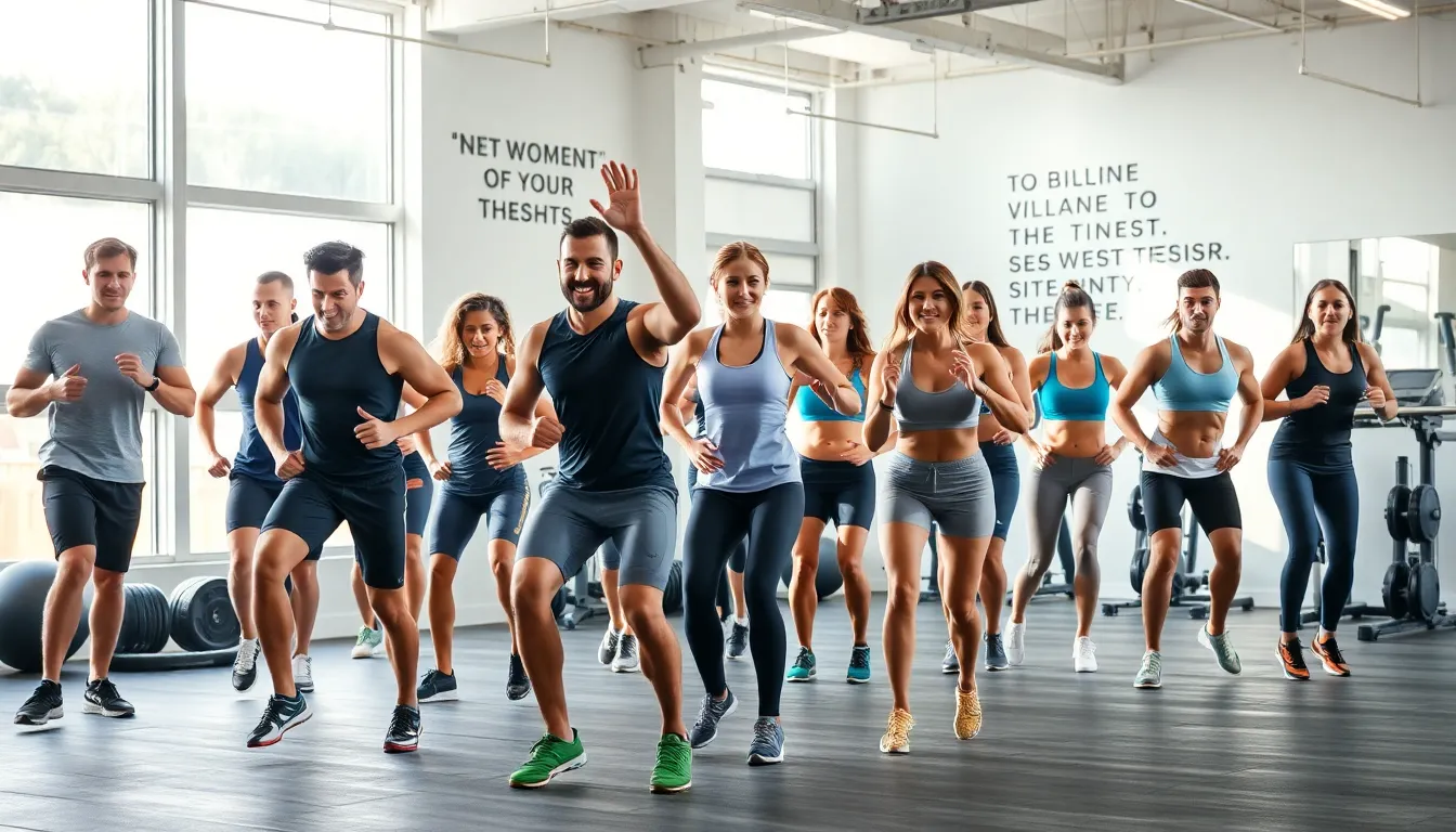 diverse group fitness class in a modern gym setting.