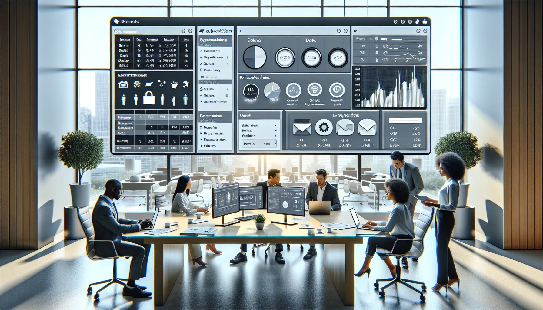 Diverse analysts review automated BI report schedules on a large office dashboard screen.