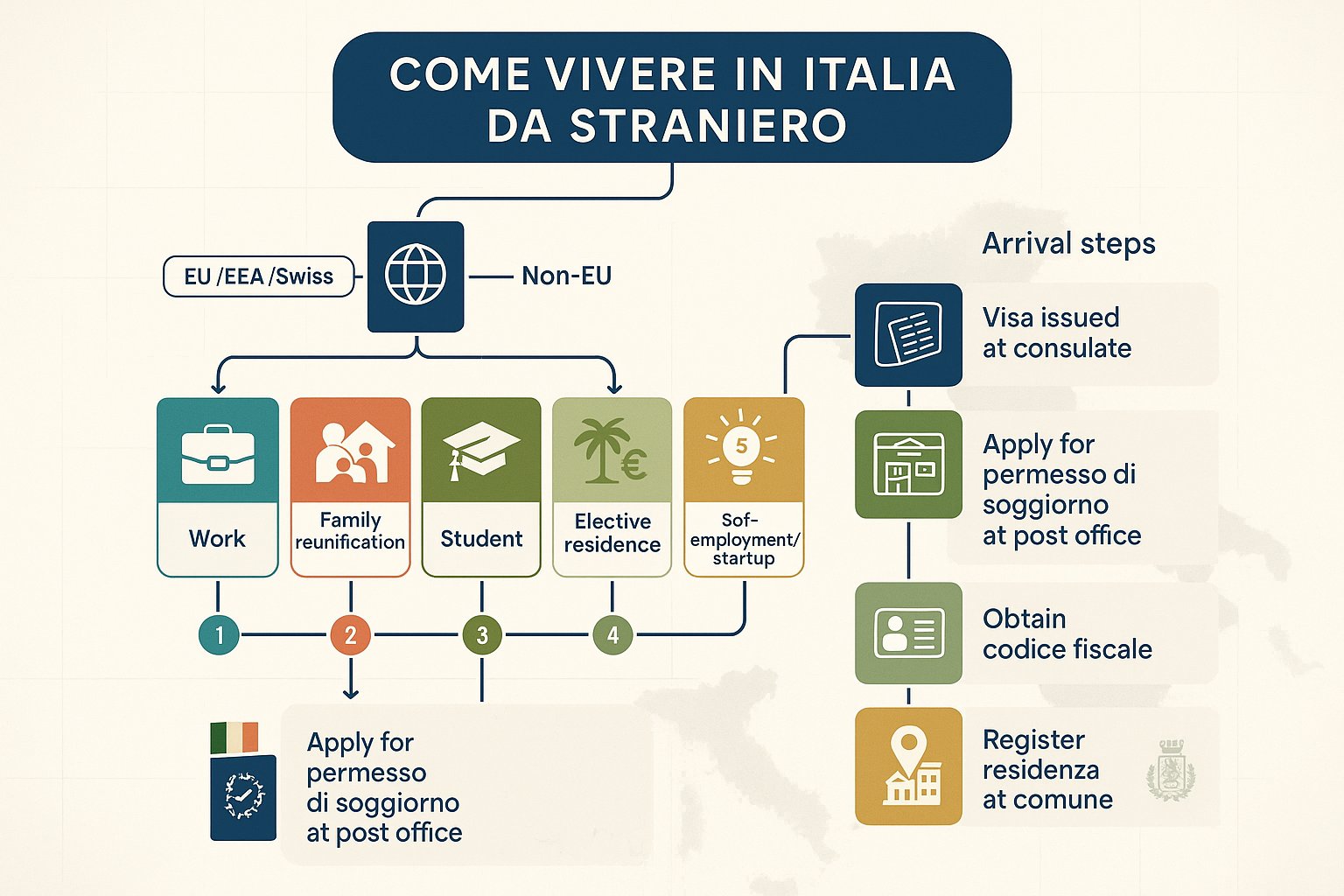 Infografica del flusso decisionale che mostra i percorsi per i visti e i passi per l'arrivo per vivere in Italia.