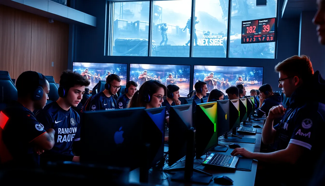 diverse gamers strategizing in an esports arena.