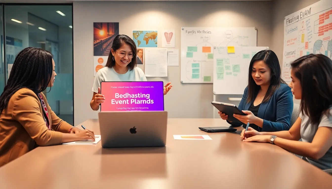 diverse team discussing budget-friendly event planning in a modern office.