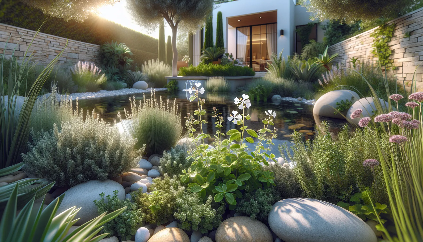 Mediterranean garden featuring Little Greek Flower and aromatic herbs.