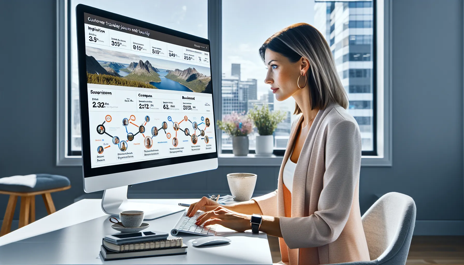 Norwegian travel marketer analyzing tourist personas and search journeys on dual monitors.