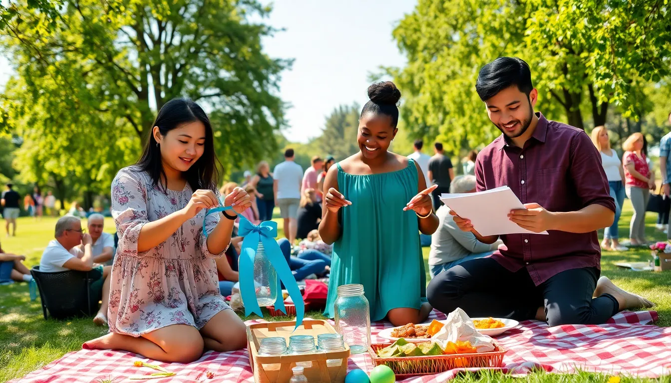 a diverse group hosting a creative outdoor gathering in a park.