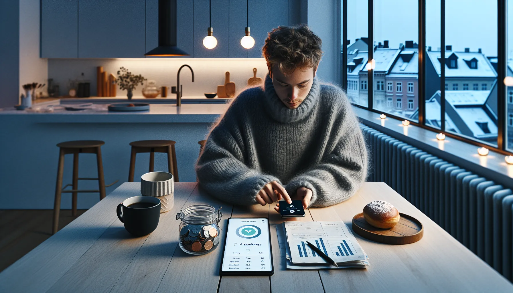 Hvordan bruke behavioral finance for å forbedre sparevanene dine 2 Norwegian saver sets auto-savings on phone amid subtle behavioral bias cues.