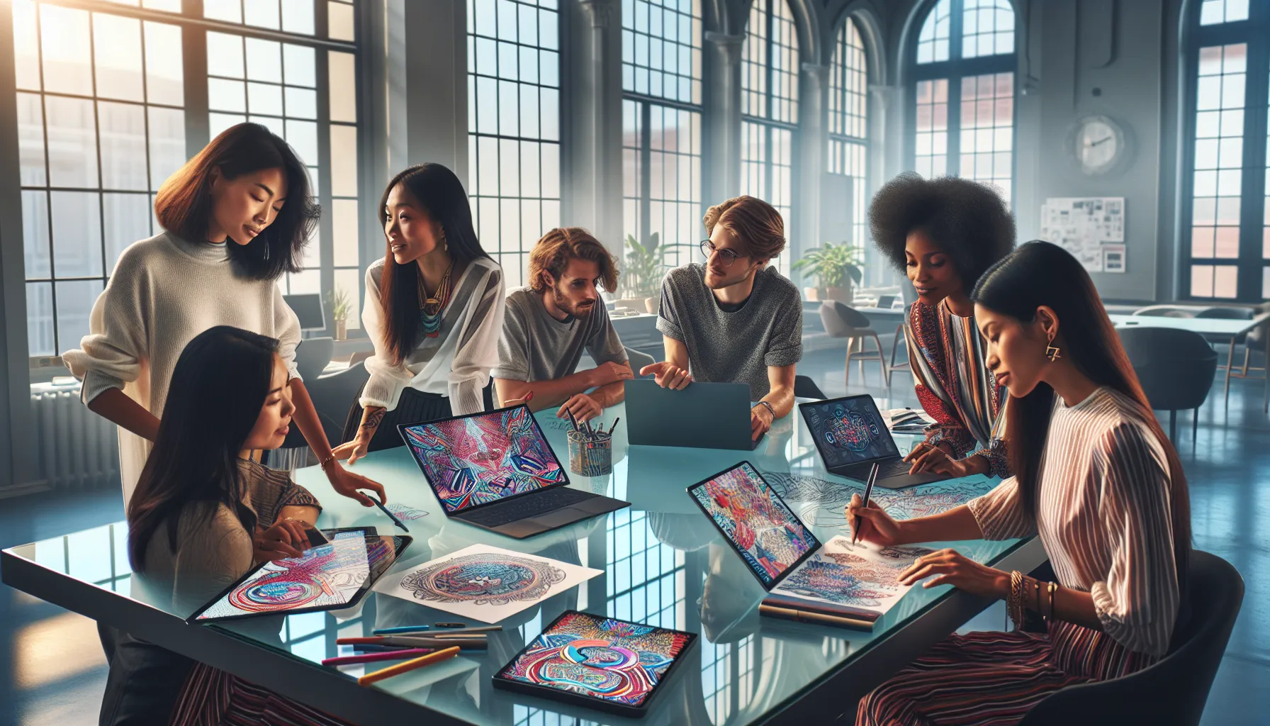 diverse creators collaborating in a modern workspace.