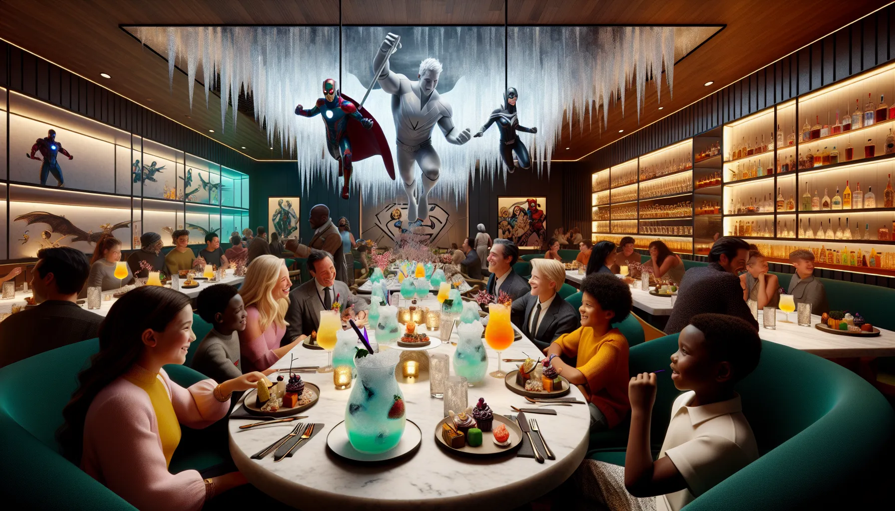 dining area with superhero-themed decor and frosty delicacies.