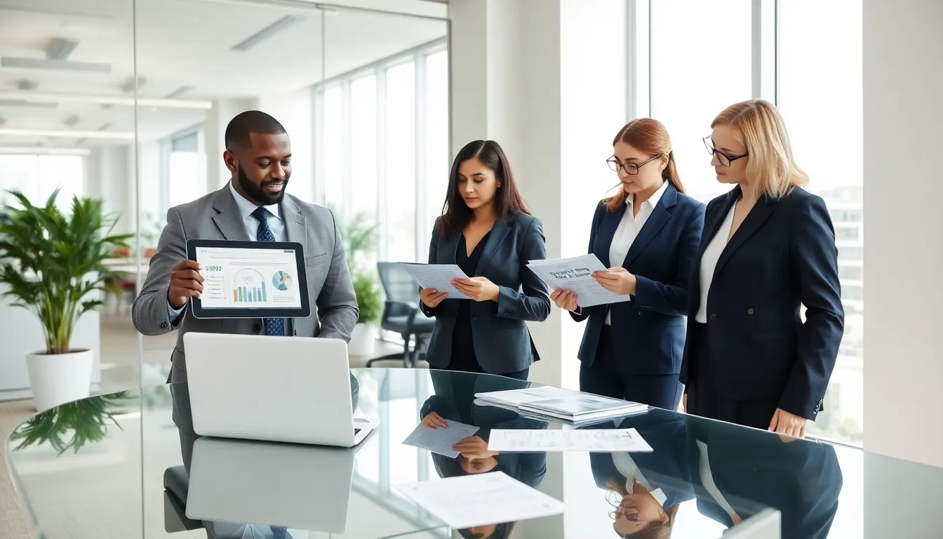 professionals discussing budgeting strategies in a modern office.