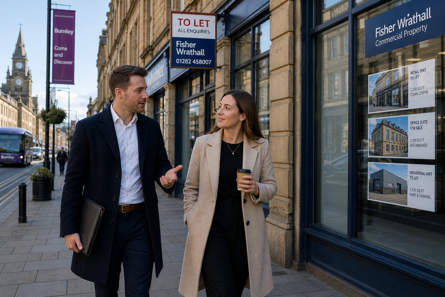 Professionals discussing a commercial property purchase while walking along a Burnley street.