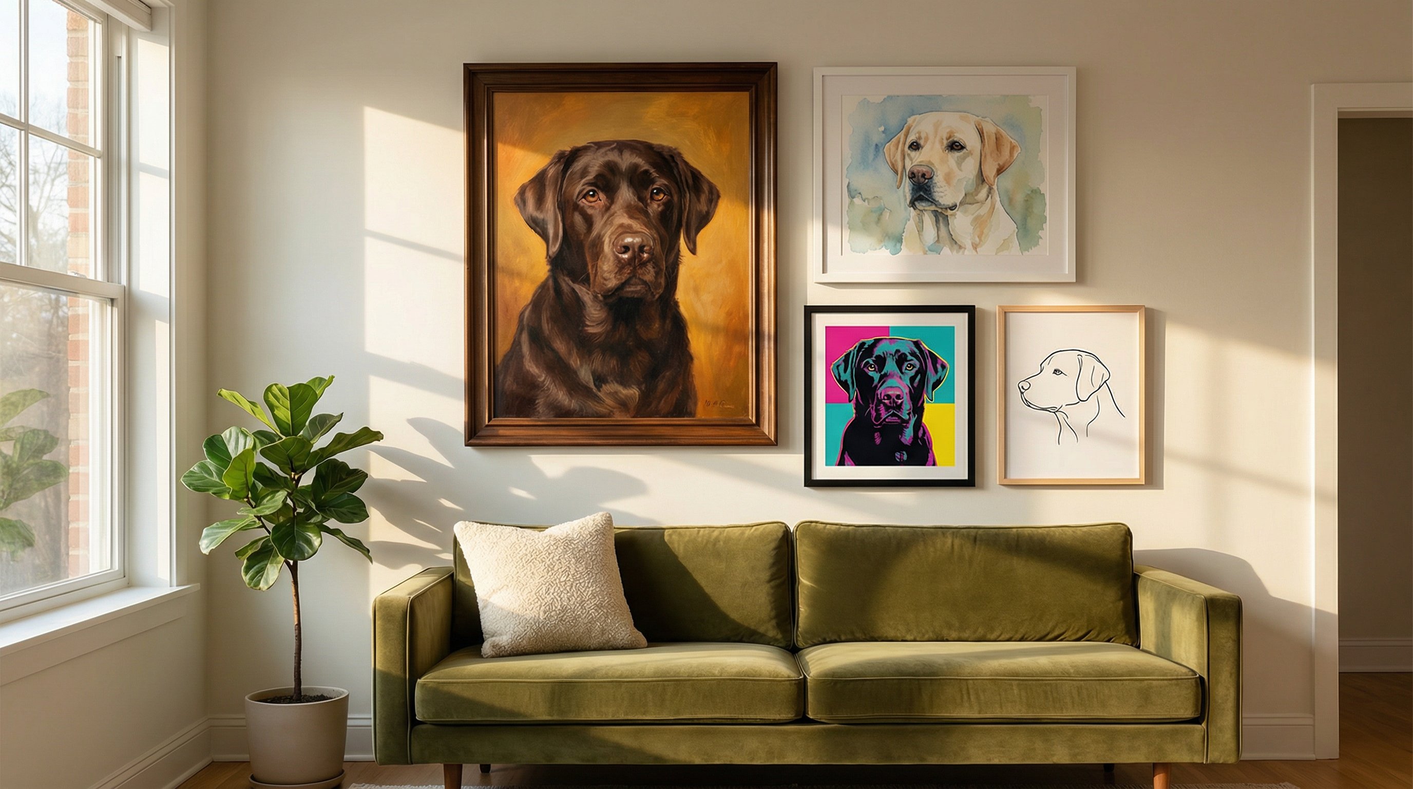 Gallery wall of four Labrador portrait styles in a modern living room.