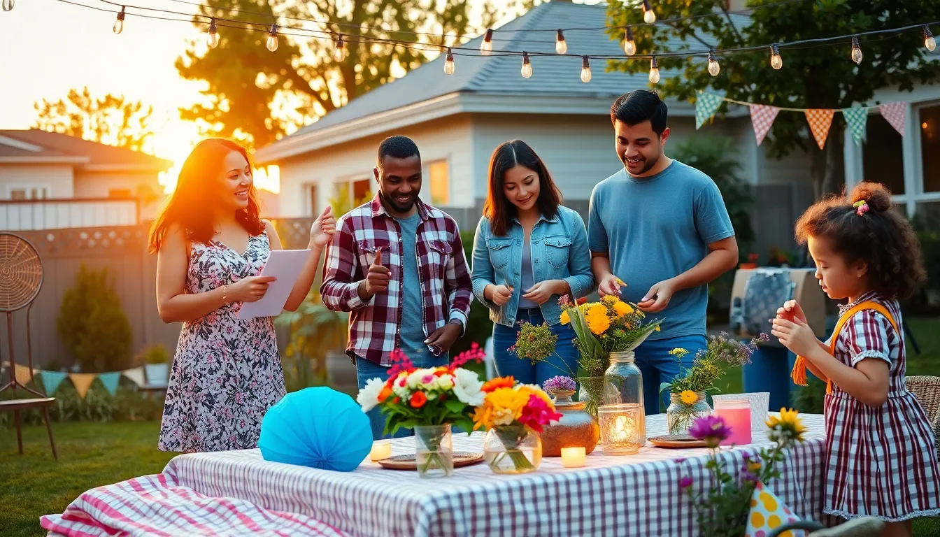 a diverse group planning a budget-friendly outdoor event at sunset.