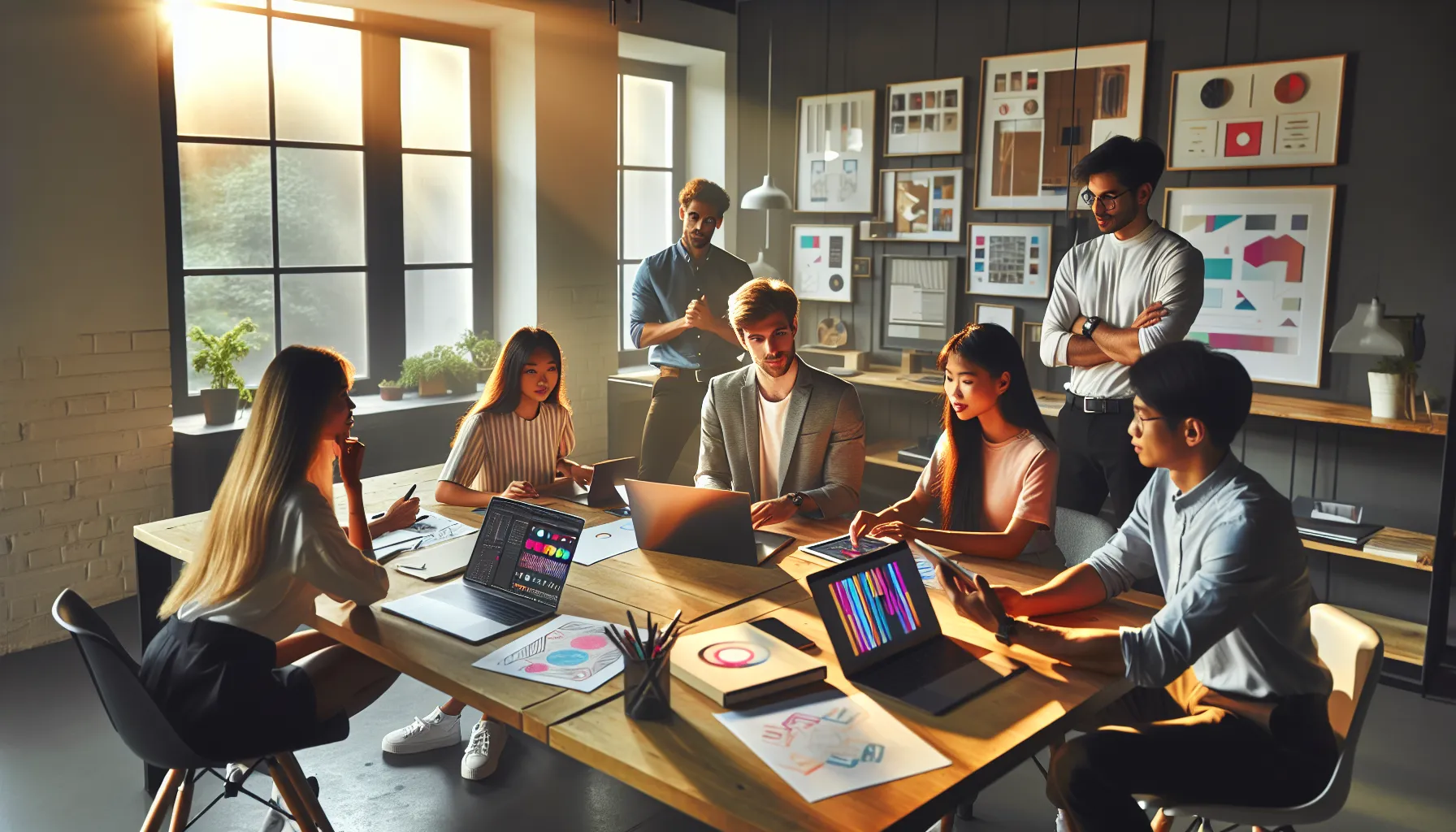 diverse team collaborating in a modern office on creative projects.