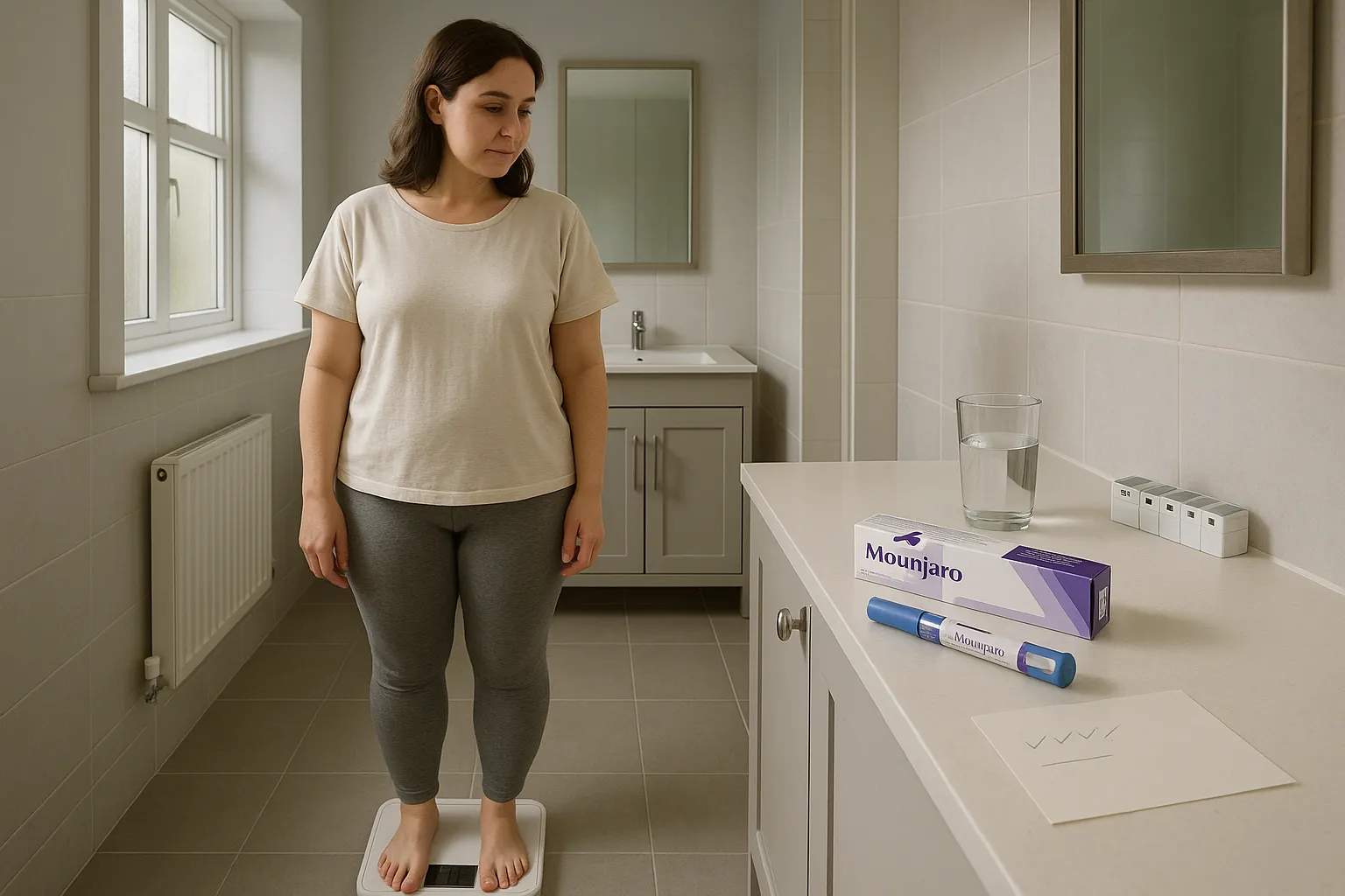 Woman on bathroom scales beside Mounjaro pen in a bright UK home.