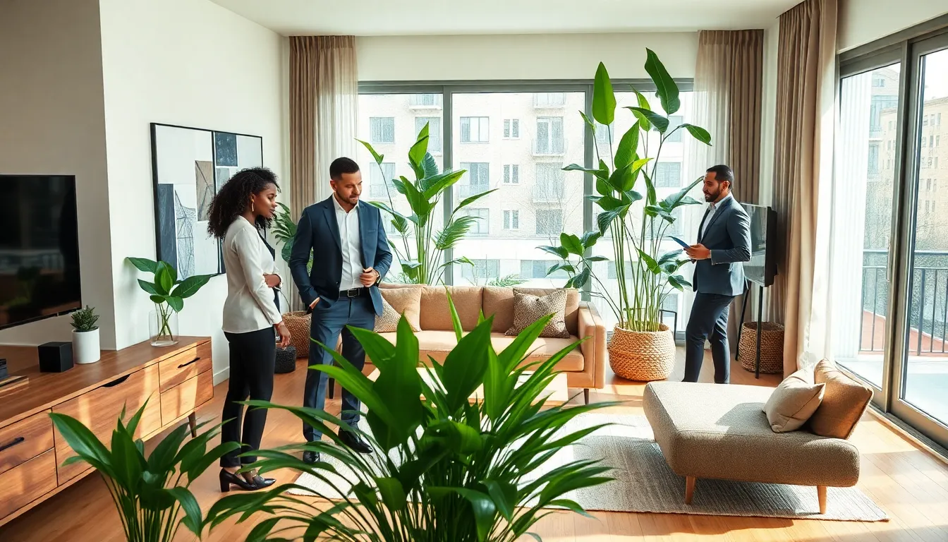 modern living room featuring sustainable materials and designers collaborating.