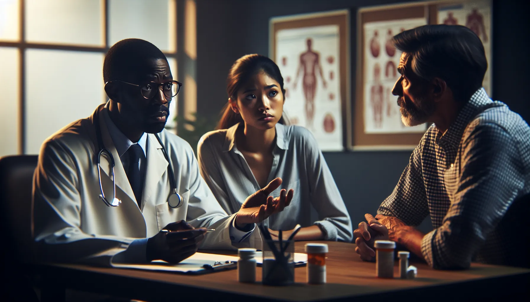 a doctor discussing pain management options with two patients in an office.