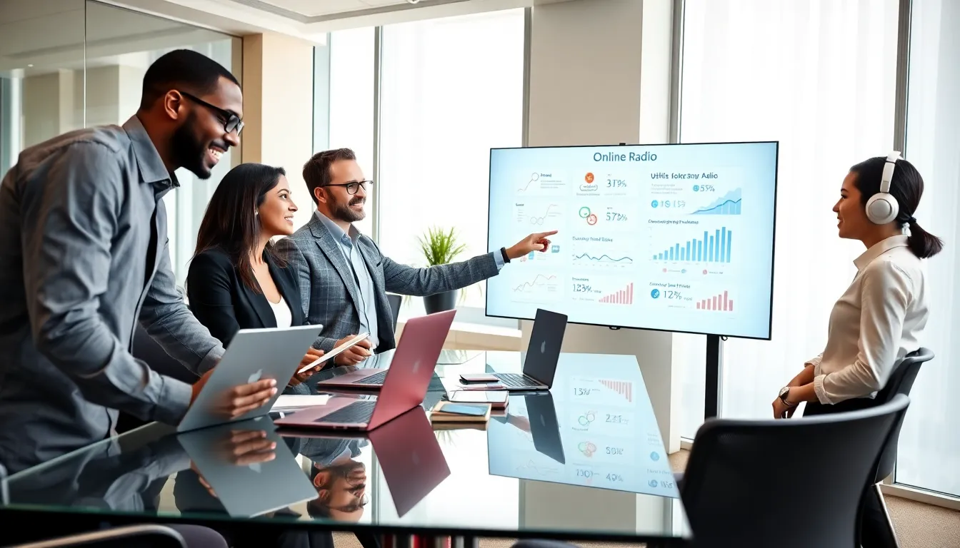 diverse team collaborating in a modern office on online radio broadcasting.