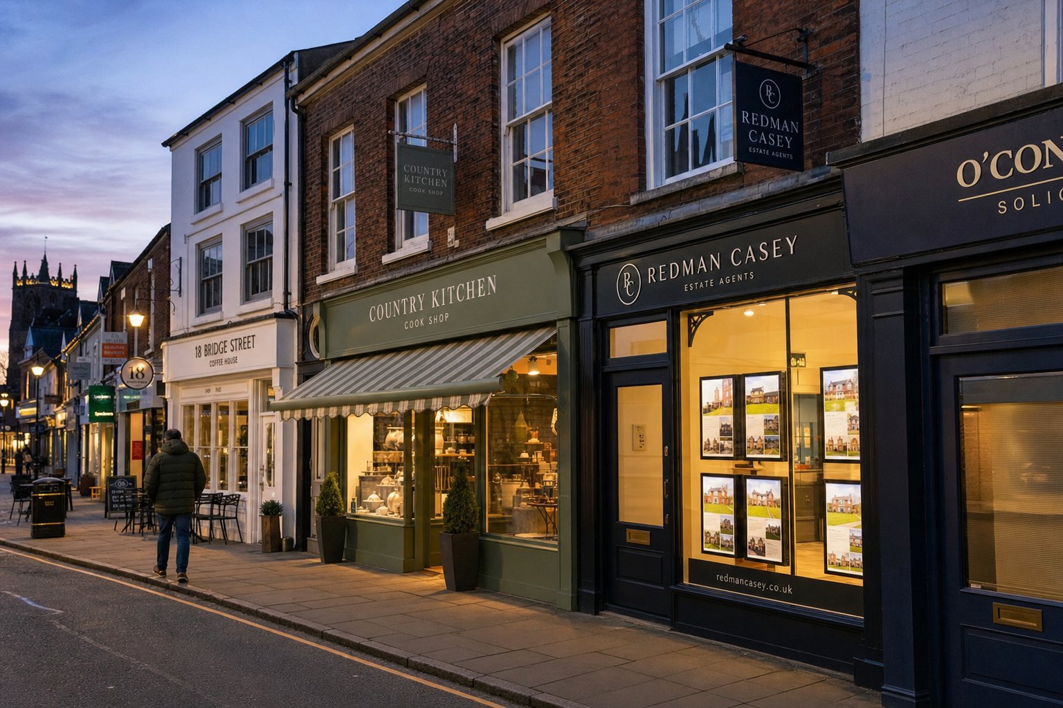 Evening view of commercial properties in Ormskirk with a person walking along the pavement.