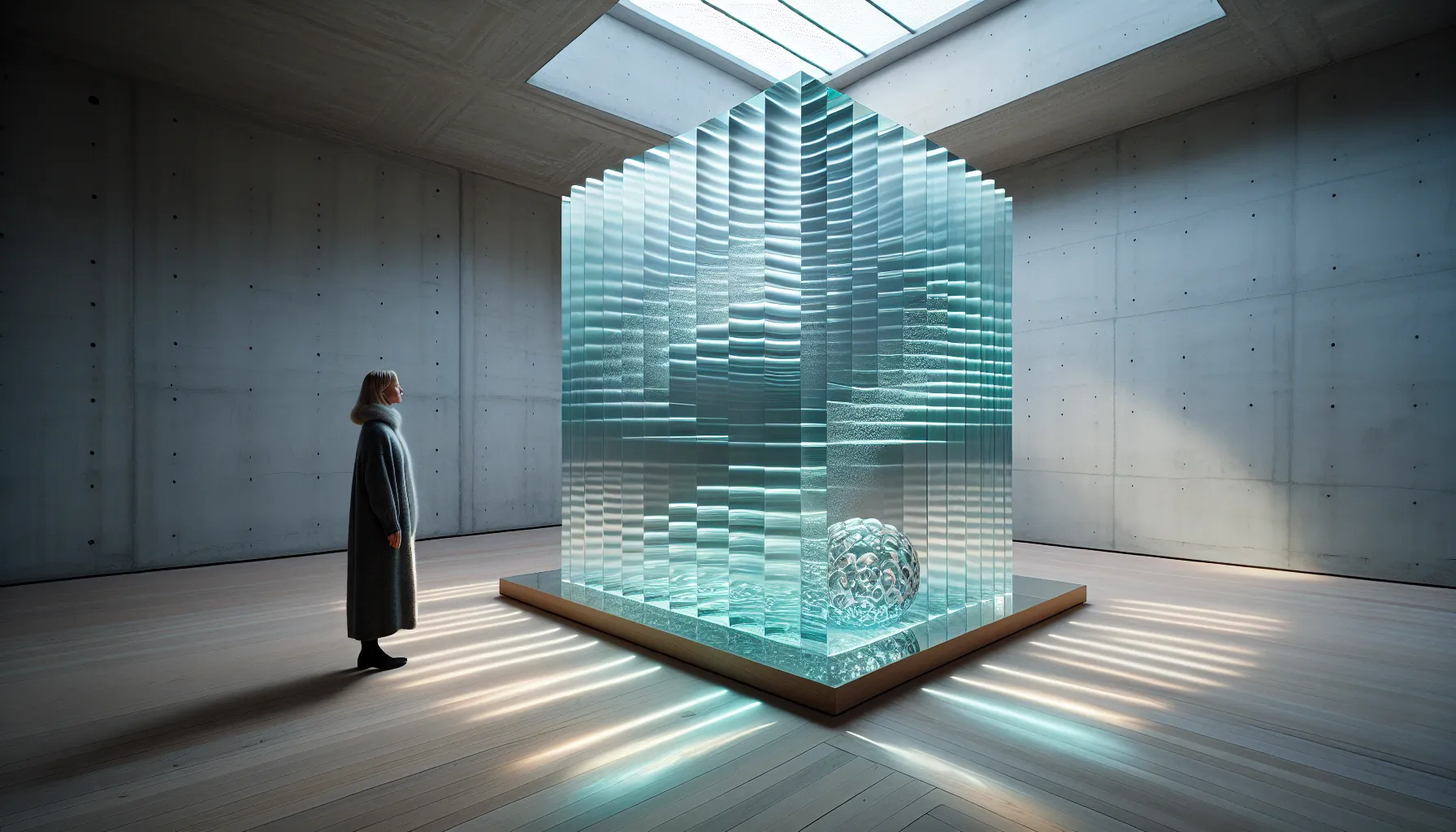 A norwegian gallery visitor studies a luminous glass installation in winter light.