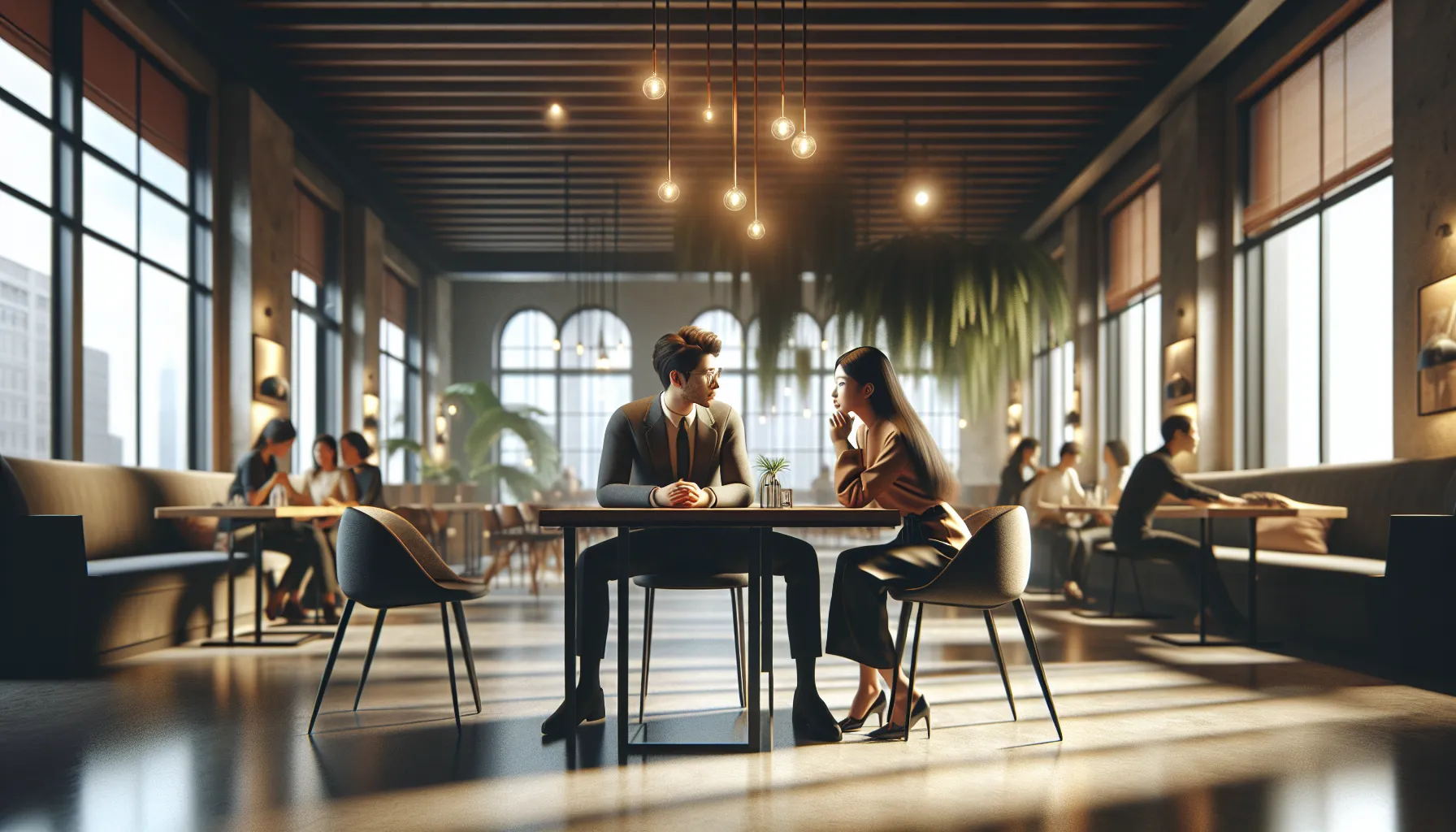 diverse pair engaging in conversation in a cozy caf&eacute;.