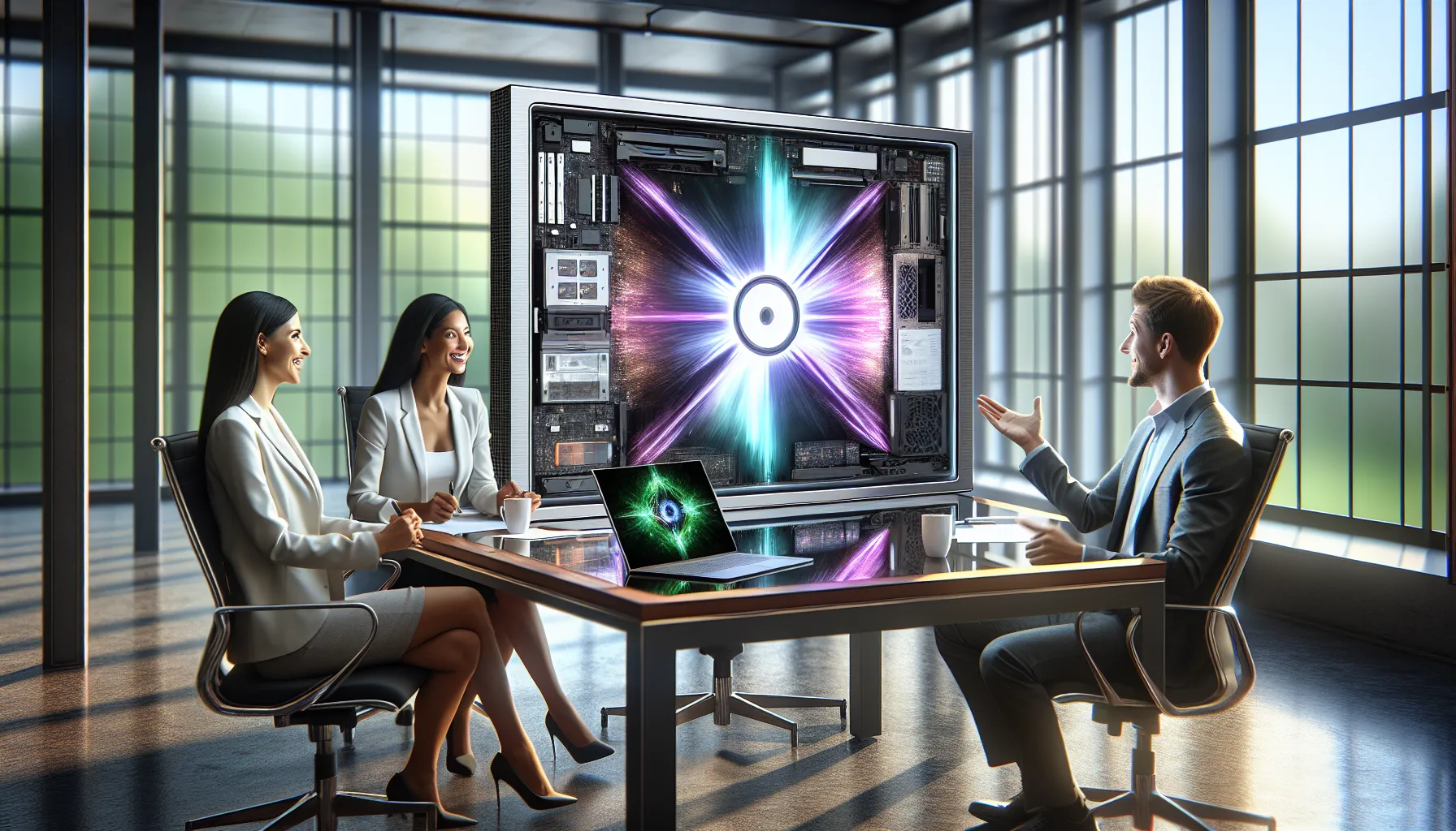 professionals discussing the features of a high-tech device in a modern office.