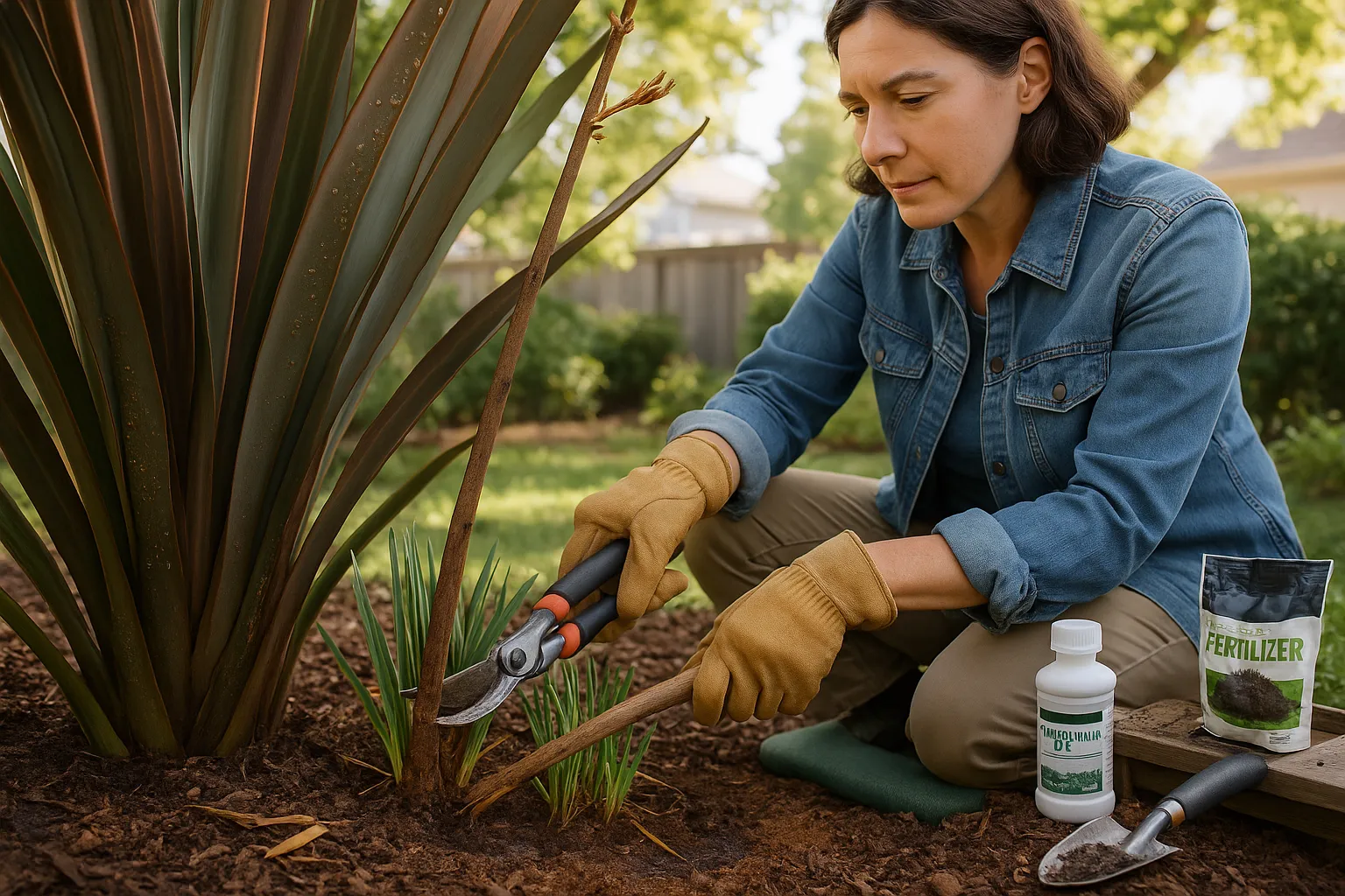 Gardener pruning Phormium beside Libertia, showing pests, mulch, and drainage care.