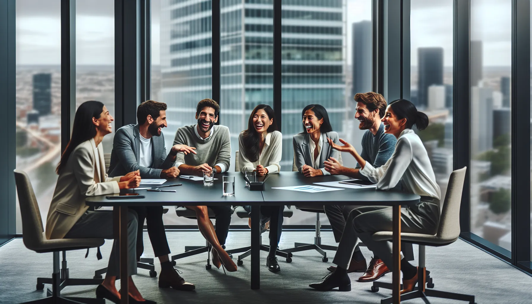 diverse professionals sharing stories and laughter in a modern office.