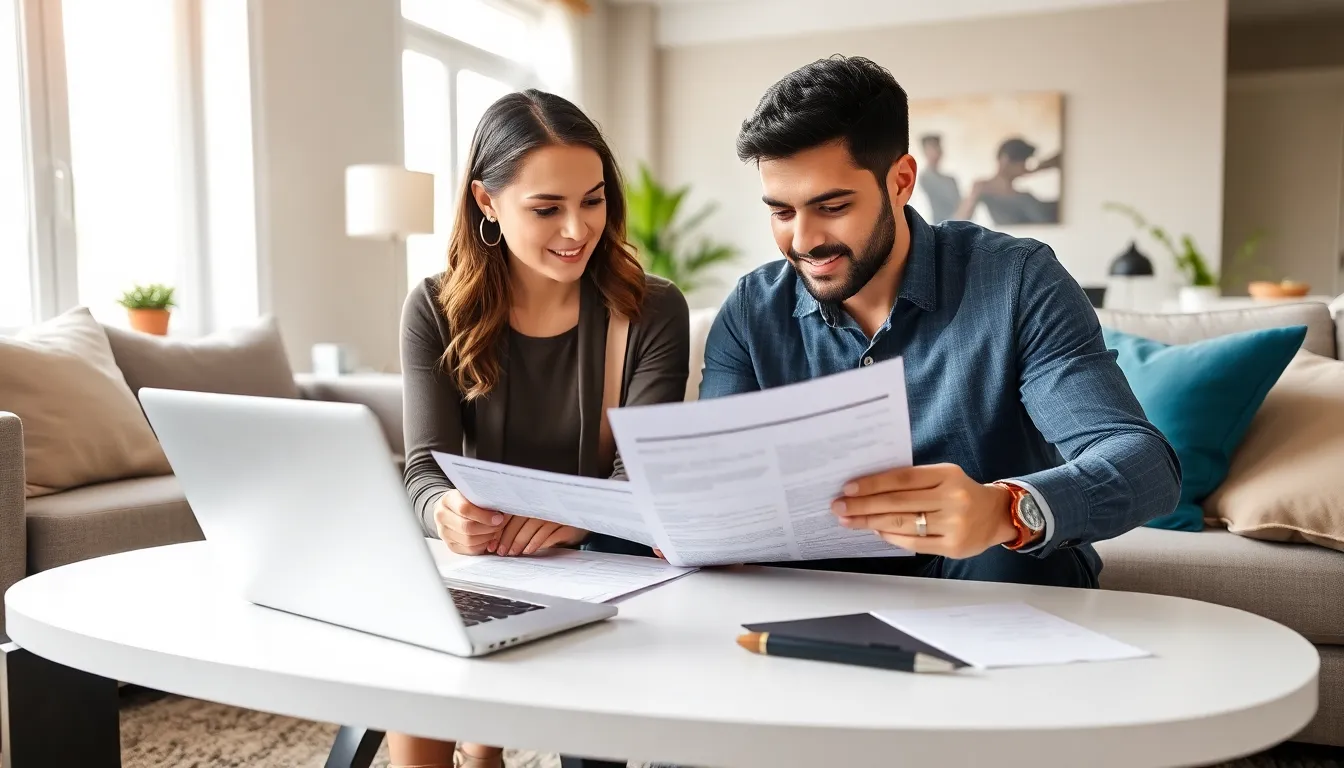 couple reviewing homeowners insurance in a modern living room.