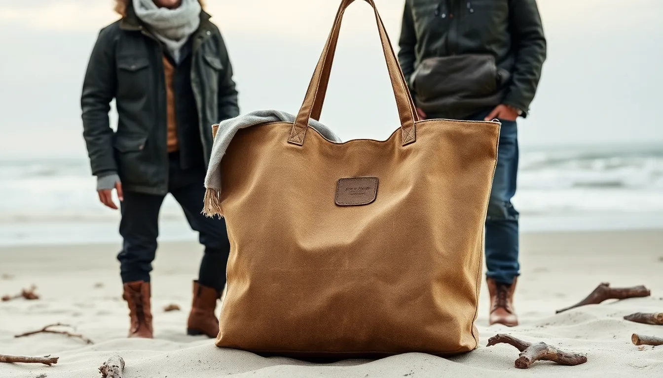 Waxed canvas beach bag with winter accessories by a calm beach.