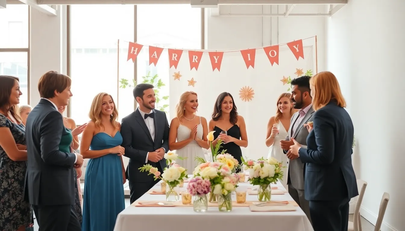 Diverse guests enjoying a creatively designed thrifty event in a modern space.