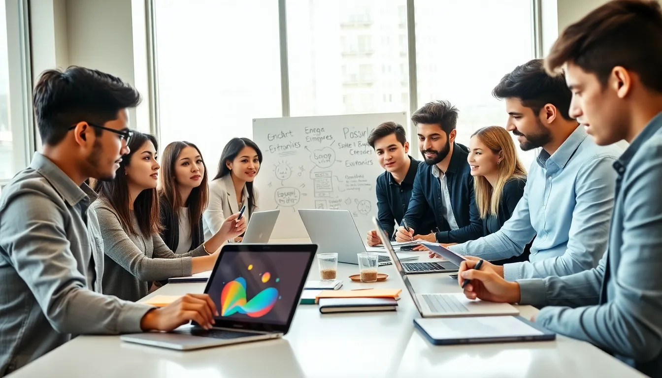 group of young entrepreneurs brainstorming in a modern office.