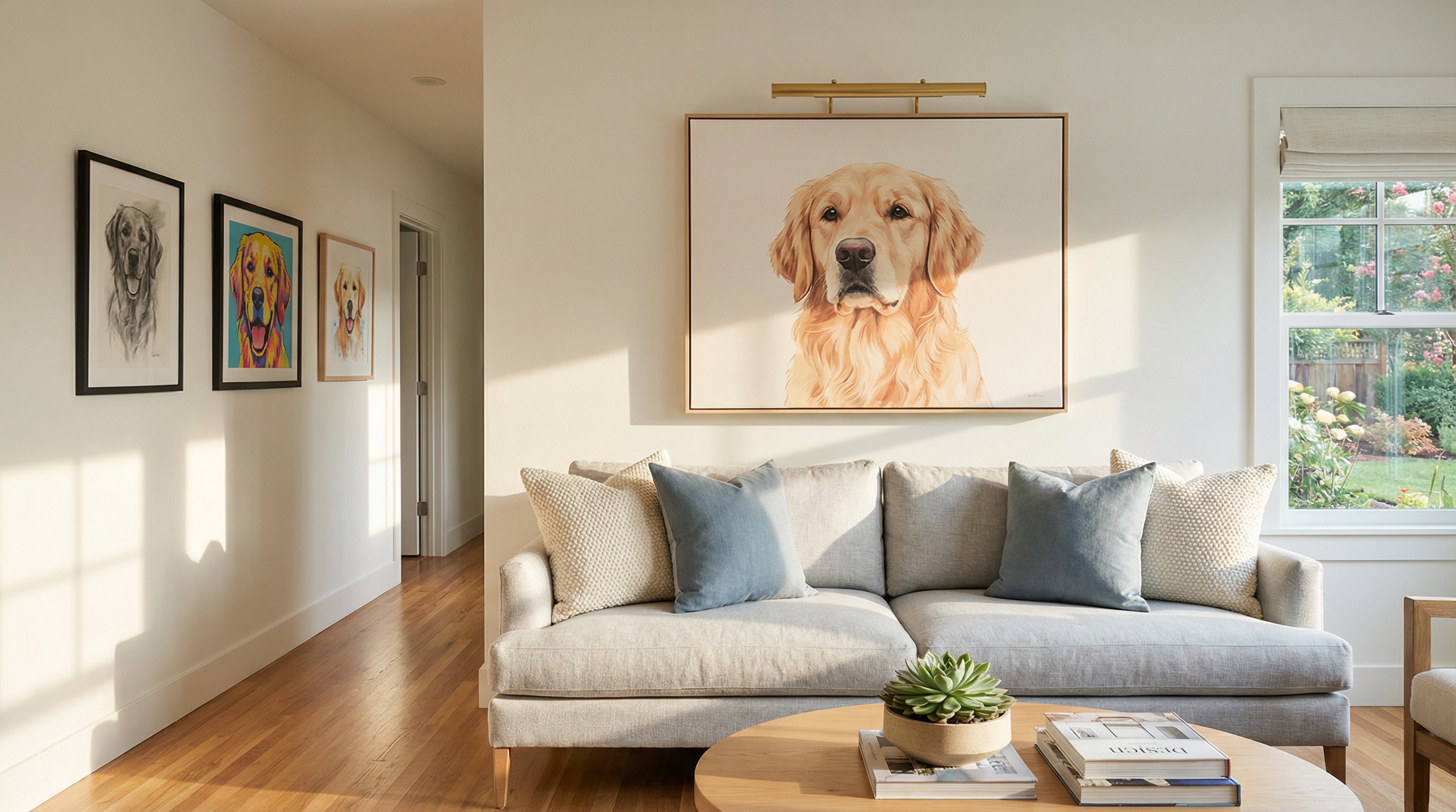 Modern living room with framed pet portraits above a sofa and along a hallway.