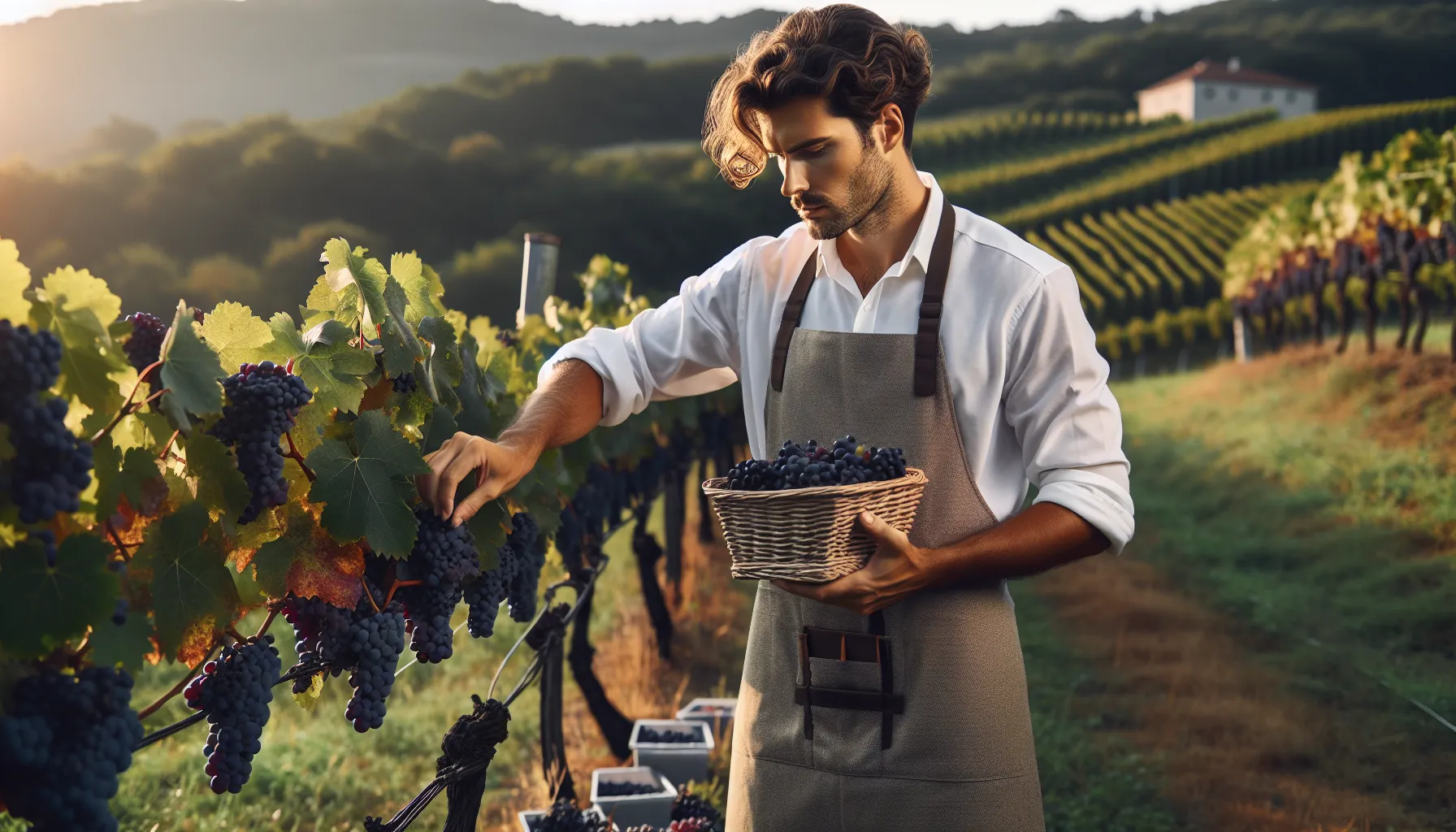 Croatian winemaker examining ripe grapes in vineyard during harvest season