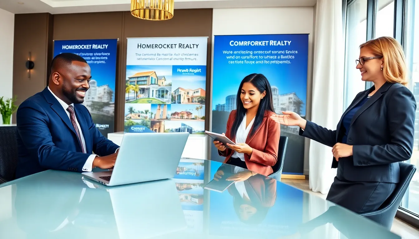 real estate agents consulting with clients in a modern office.