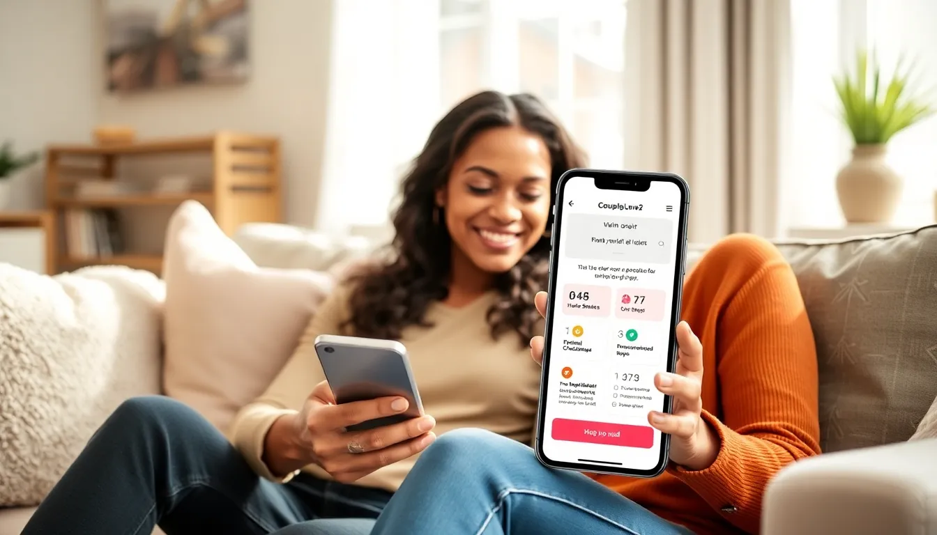 diverse couple using a relationship management app in a cozy setting.