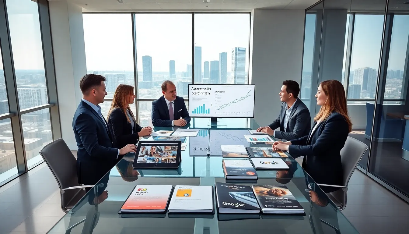 Australian professionals discussing SEO strategies in a modern office.