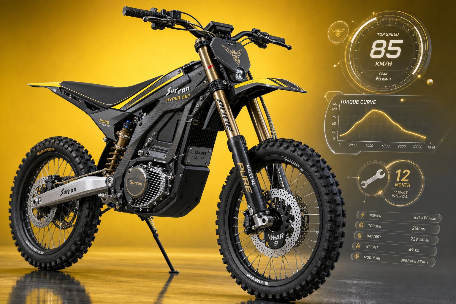 3D render of a Surron Hyper Bee e‑bike with race upgrades and brand colors.