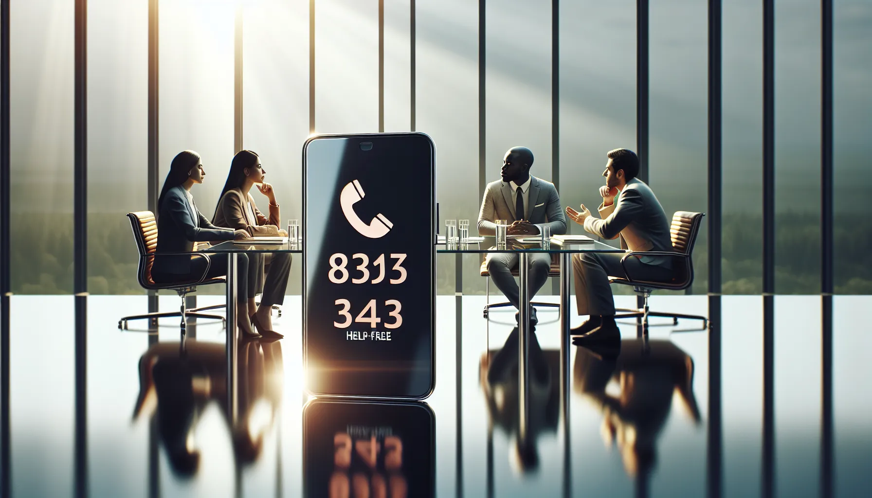 graphic of a toll-free helpline number in a modern office setting.